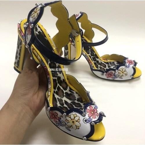 New arrival womens floral print high heeled sadnals high quality real leather high heeled shoes women party shoes BY732