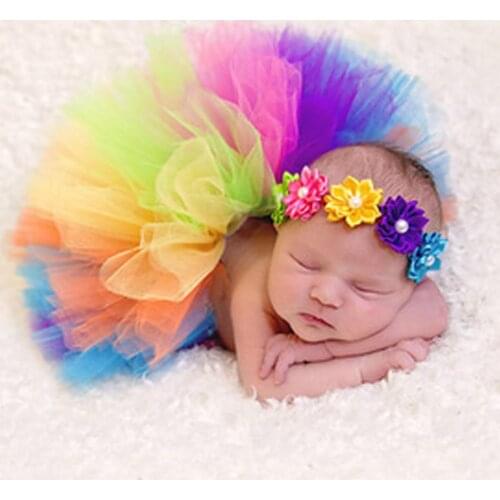 Newborn Baby Photography Props Skirt Rainbow Fotografia Photo Props Clothes Sets with Hairband Baby Multicolor Infant Tutu Skirt