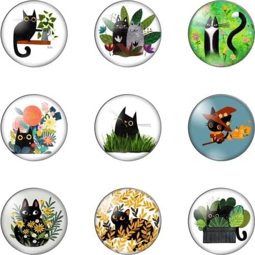 Cute Black Cats Animal Flower Round Photo Glass Cabochon Demo Flat Back Making Findings Handmade DIY Accessories