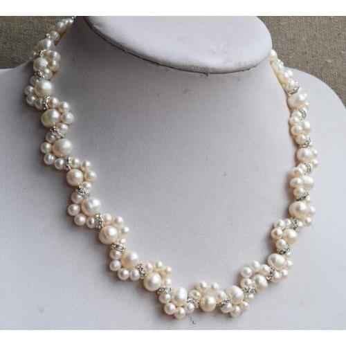 Handmade Real Pearl Jewellery,16 inches 5-8mm White Freshwater Pearl Necklace,Flower Girls Rhinetone Pearl Necklace