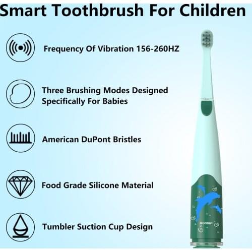 Rooman Electric Toothbrush Kids Waterproof Cartoon Tooth Brush 3 Gears with Replacement 2 Heads for Children Oral Cleaning