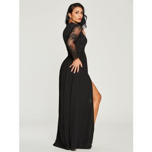 Sexy Lace WomenFloor-Length Long Party Night Dress Vestidos Fit and Flare Long Sleeve V-neck Split High Waist Dresses Female