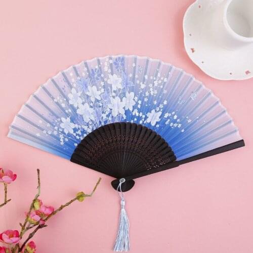 Vintage Silk Folding Fan Retro Chinese Japanese Bamboo Folding Fan Tassel Dance Hand Fan Home Decoration Ornament Craft Gift