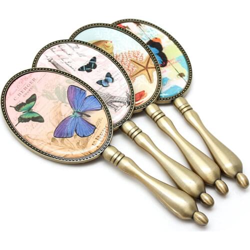 Random Pattern Vintage Handheld Cosmetic Mirror Barbers Hairdressers Beauty Oval Makeup Mirror for Women