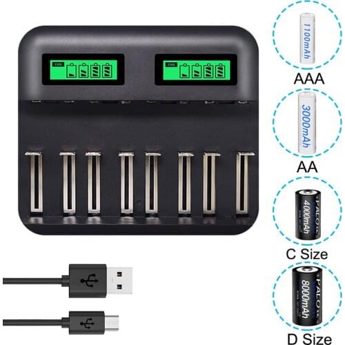 8 Slots Lcd Display Usb Smart Battery Charger For AA/AAA SC C D Size Rechargeable Battery 1.2V Ni-Mh Ni-Cd Quick Charger