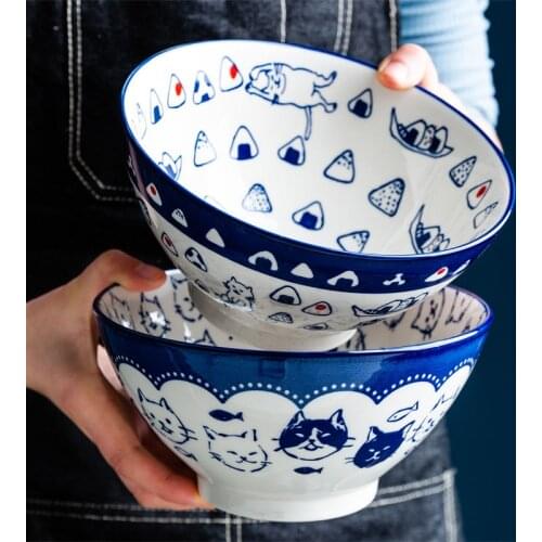 Japanese Ramen Bowl Many Cats Design Porcelain Bowls for Kitchen Hand-painted Round Bowl for Pasta Salad Bowl Kitchen Dinnerware