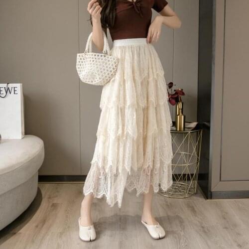 2021 Spring & Autumn New High Waist Slim Simple Sweet Lace Skirt Casual Cake Skirt Elegant Women A-line Long Skirt Free Shipping