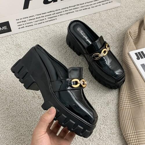 Platform Mules Women Patent Leather Wedges Slippers Metal Decoration Square Toe Pump Slip on Heighten Shoes Sandalias Mujer