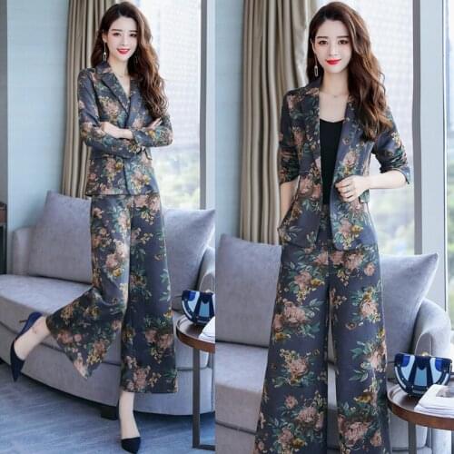 2019 Blazer Style Floral Print Two Piece Sets Women Coat Set Long-Sleeve Tops Trousers Elegant Woman Pants And Blouse Set AA4436