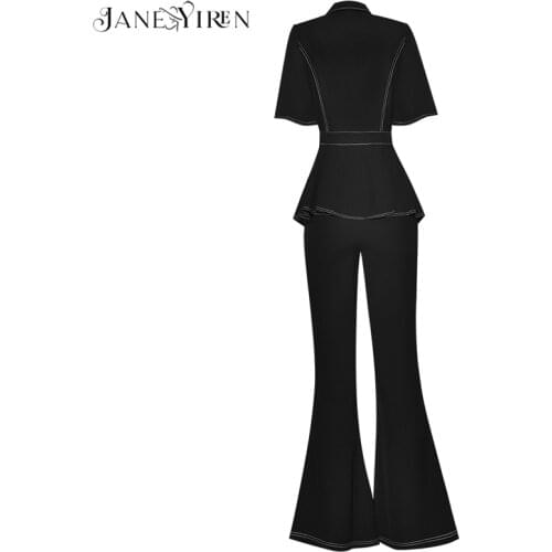 Janeyiren Fashion Designer Summer Black Pants Suit Womens Short sleeve Single-breasted Tops and Flare Pants Two Pieces Set
