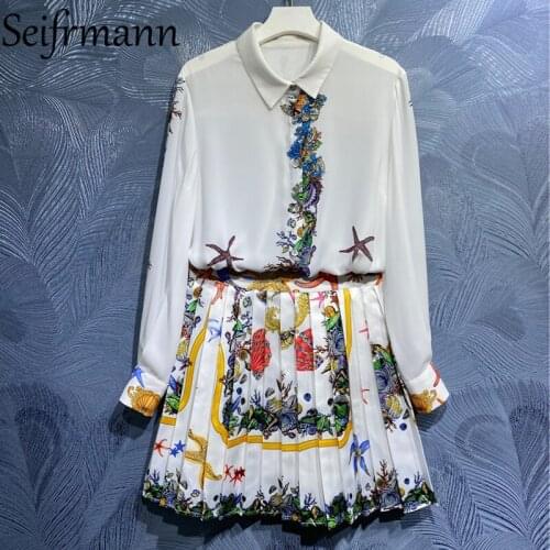 Seifrmann New 2021 Summer Women Fashion Runway Skirts Set Lantern Sleeve Loose Blouses + High Waist Printed Pleated Skirts Suits