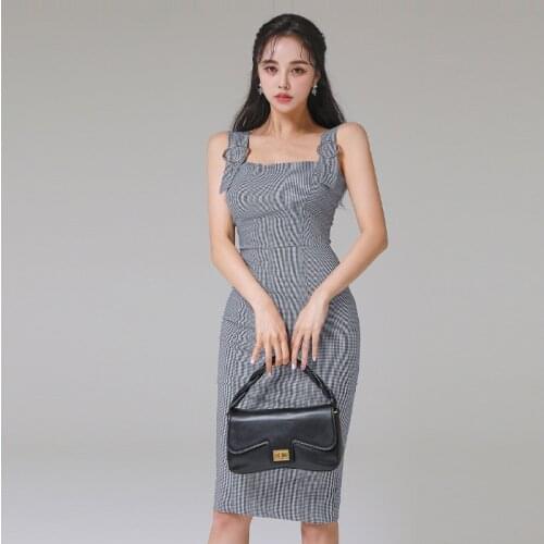 Fashion Summer Korean Vintage Tank Midi Party Dress Ladies OL Streetwear Elegant Casual Sexy Strap Houndstooth Bodycon Dress