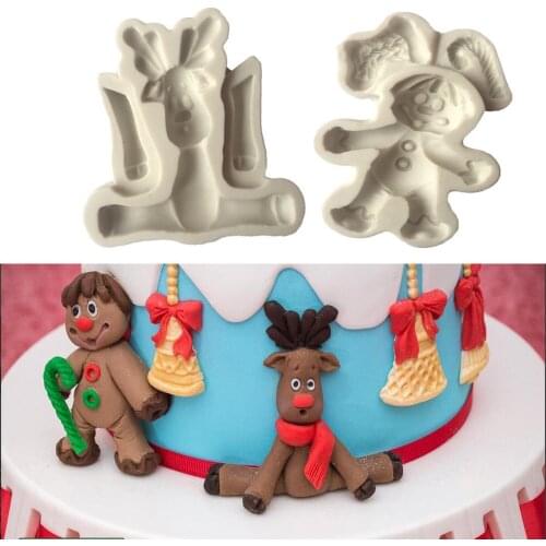 1PC Reindeer Gingerbread Man Sugar Buttons Silicone Mold Fondant Mold Cake Decorating Tools Chocolate Gumpaste Mold