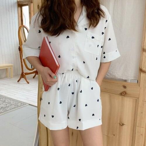 2021 Summer Comfortable Sleepwear Turn Down Collar Loose Sweet Homewear Chic Printing Women Girls Pajamas Sets