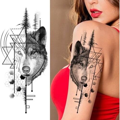 3D Watercolor Wolf Temporary Tattoos For Man Tree Forest Tattoo Sticker Women Girls Boys Body Art Waterproof Tatoos Paper Sheet