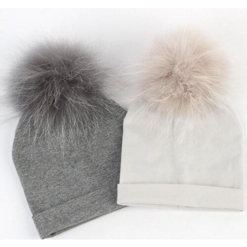 Children Newborn Soft Beanies Caps With Real Fur Raccoon Pompom Girl Boy Baby Warm Solid Color Cotton Skullies Beanie Hat Bonnet