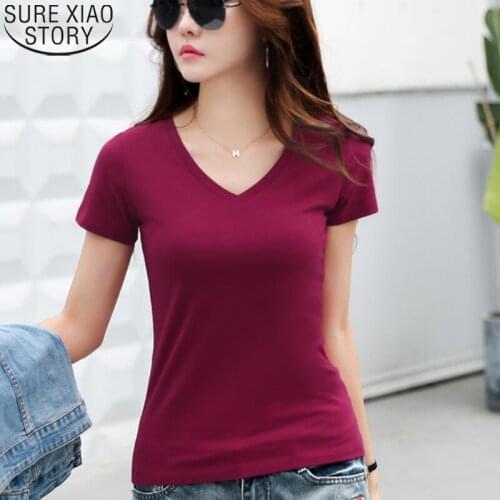 Summer Cotton Short Sleeve T Shirt Women Tshirt Tops Solid V-neck Plus Size Shirts Tees Camisetas Feminina Womens Clothing 9506