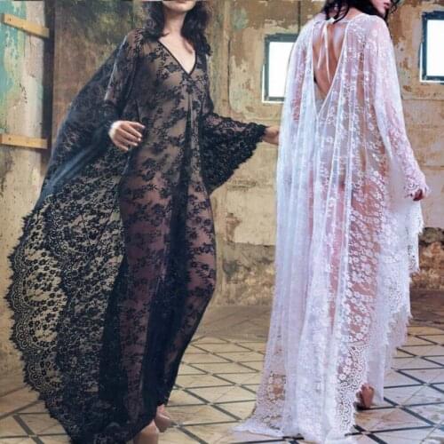 2020 New Women Sexy Lace See Through Sleepwear Nightwear Swimwear Cover-ups Beach Maxi Dress Nightdress Black White