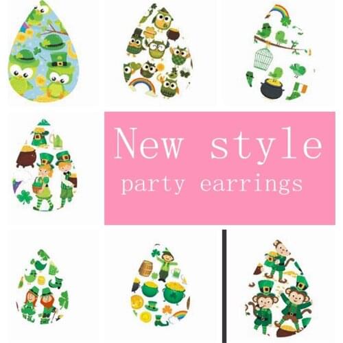 New! Layered St Patricks Day Glitter Green Leather Feather Earrings Triple Clover Gonme Printed Earrings 2021