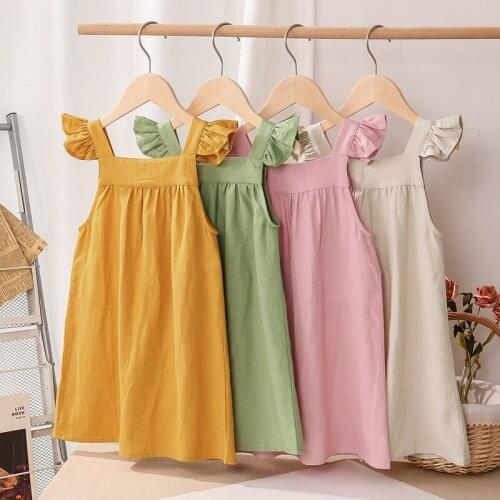 Girls Cotton And Linen Strap Dress Summer New Style Childrens Sleeveless Button Casual Loose Baby Princess Dresses