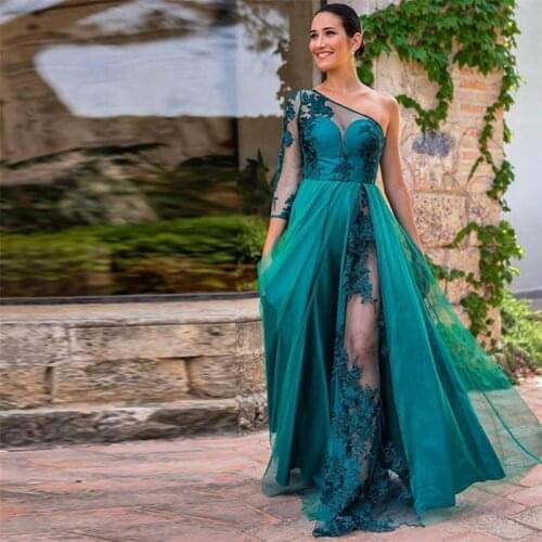 2021 Celebrity Dress A-Line One Shoulder Floor-Length Tulle Luxury Evening Gowns With Applique