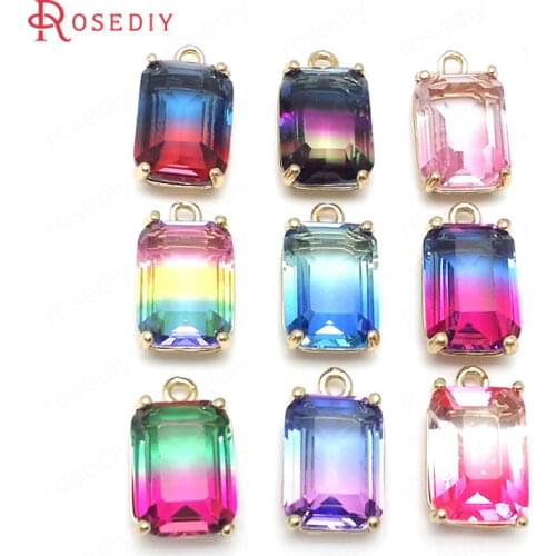 6PCS 17x10MM 24K Champagne Gold Color Brass and Glass Colorful Rainbow Style Rectangle Charms Pendants Diy Jewelry Accessories