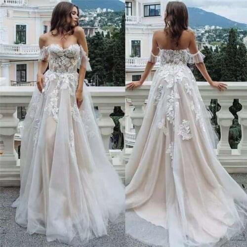 Romantic Lace Wedding Dress 2020 Boho Appliques A-line Illusion Princess Bridal Gown Swanskirt GY04 Customized Vestido De Noiva