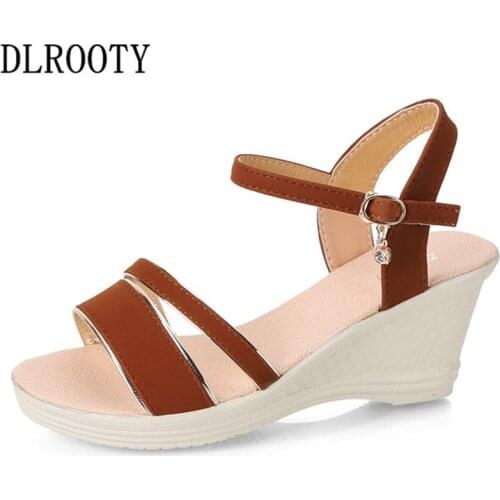 Women Sandals New Summer Fashion Crystal Hollow Gladiator Wedges Shoes Woman Slides Peep Toe Buckle Strap Solid Lady Casual