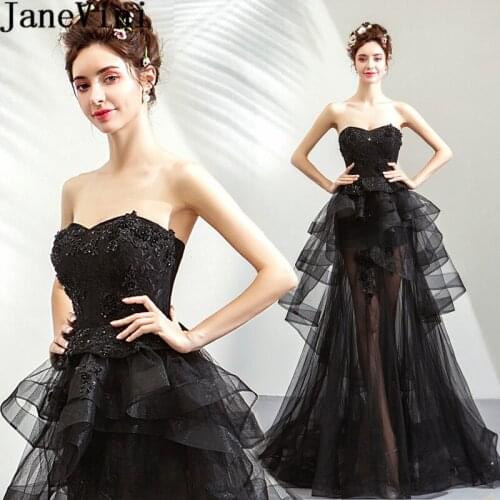 JaneVini Sexy Ladies Long Bridesmaid Dresses Backless Black Beaded Lace Wedding Guest Dress Tiered Bruidsmeisjes Jurk Women 2019