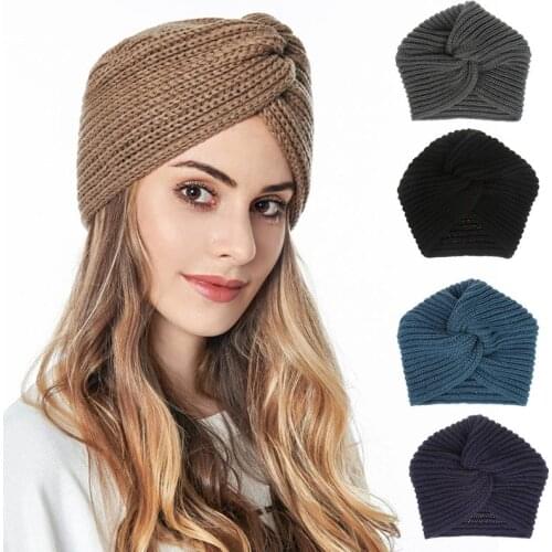 Women Muslim Winter Crochet Knitted Turban Beanie Hat Twist Cross Knotted Solid Color Casual Warm Chunky Skull Cap Wrap