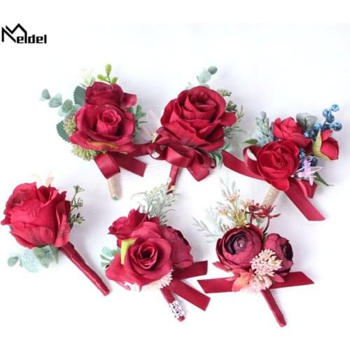 Meldel Wedding Boutonniere Men Brooch Pins Girl Bracelets Red Rose Silk Flower Bridesmaids Wrist Corsage Flower Wedding Supplies