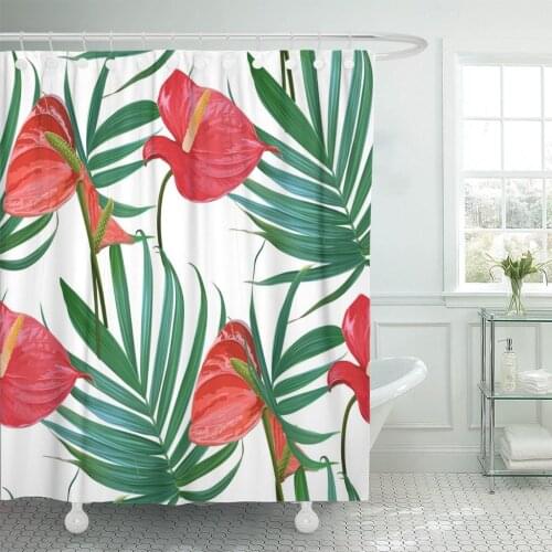 Tropical Flowers and Palm Leaves Floral Exotic Hawaiian Blooming Shower Curtain Waterproof Fabric 60 x 72 Inches Set with Hooks