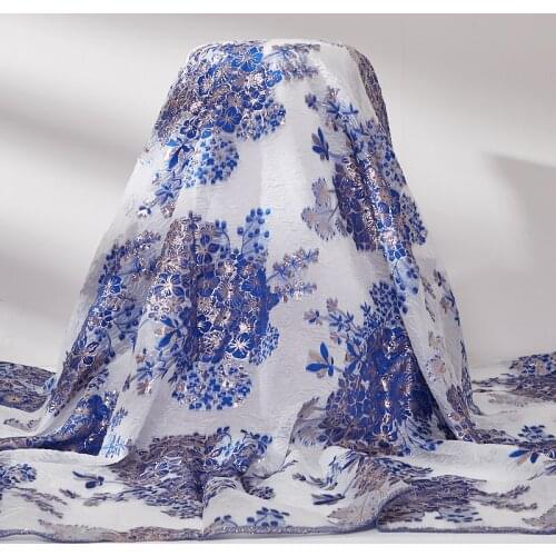 African Jacquard Tulle Lace Fabric 2021 Blue Nigerian Brocade Flowers Sewing Embroidrty Fabrics Dresses For Women Summer A 2534