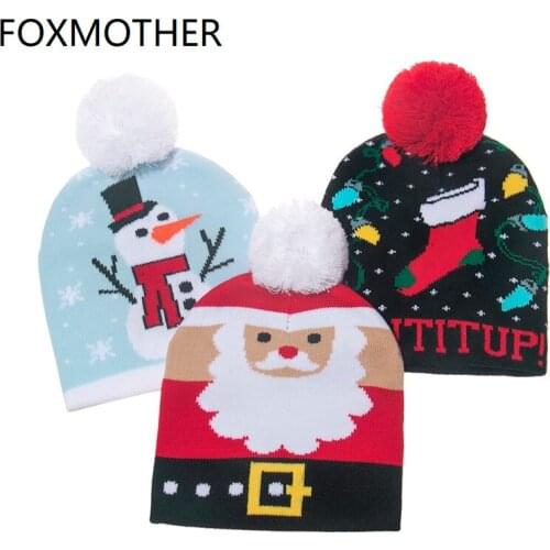 FOXMOTHER New Fashion Red Santa Claus Snowman Pompom Knitted Beanie Caps Winter Hat For Kids Children Boys Christmas