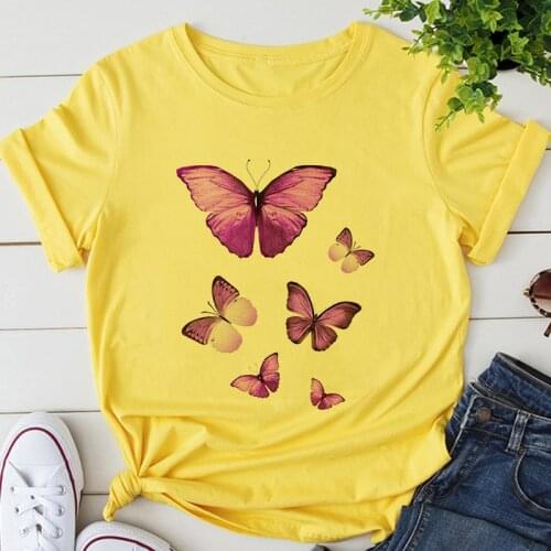 Women Cartoon Butterfly Floral Elegant Print T-shirts 2021 Summer Casual O-Neck Short Sleeve Harajuku Tshirt Female Top Clothes