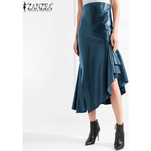 Womens Faux Leather Midi Skirt 2021 ZANZEA Elegant Irregular Skirts Casual High Waist Vestidos Female Bodycon Robe Plus Size