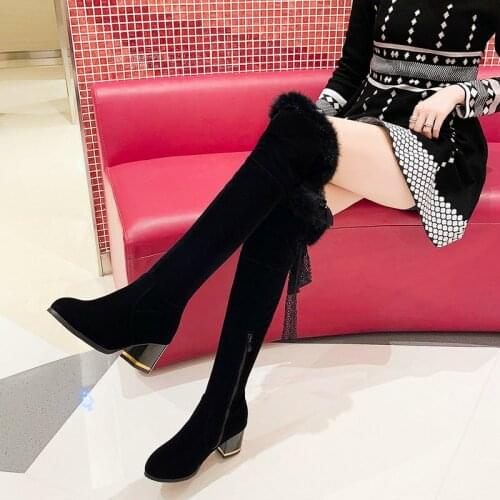 2021 Big Size 46 Over The Knee Boots Women Flock Round Toe Autumn Winter High Heels Shoes Women Slim Long Boots