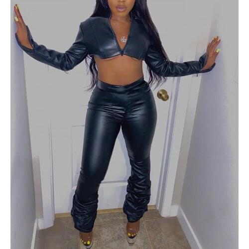 PU Leather Stacked Leggings for Women Autumn Winter Elastic Sweatpants Sexy Club Flare Pleated Ruched Pants Trousers Streetwear