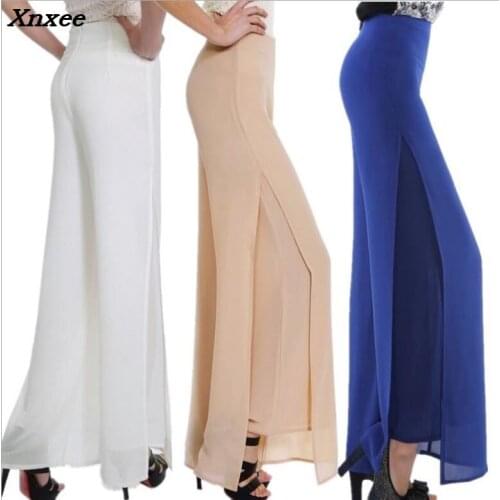 Women wide leg pants high waist double chiffon loose soft dance pants bell bottom casual pants plus size Xnxee