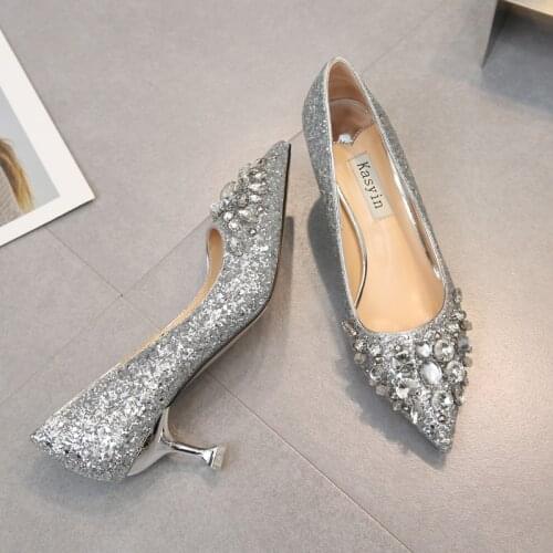 2018 Summer new water drill tip with silver wedding shoes cat-heel single-piece sequined female high-heeled wedding shoes