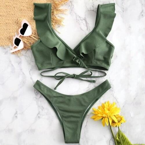 2021 New Summer Solid Sexy Bikini Set Push Up Ruffles Padded Swimwear Bikini Women Bathing Suit Beachwear Swimming Biquini