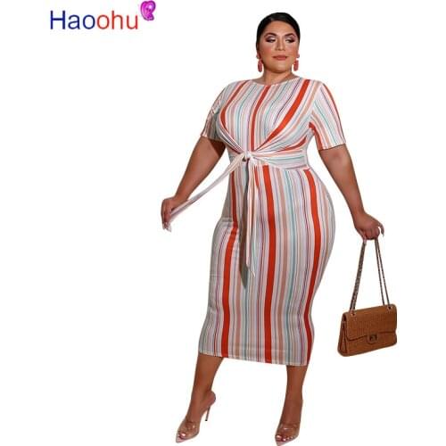 Vertical Striped Office Lady Sheath Dress Woman Tie Up High Waist Mid Calf Vestidos Elegant Female Short Sleeve Plus Size Robe