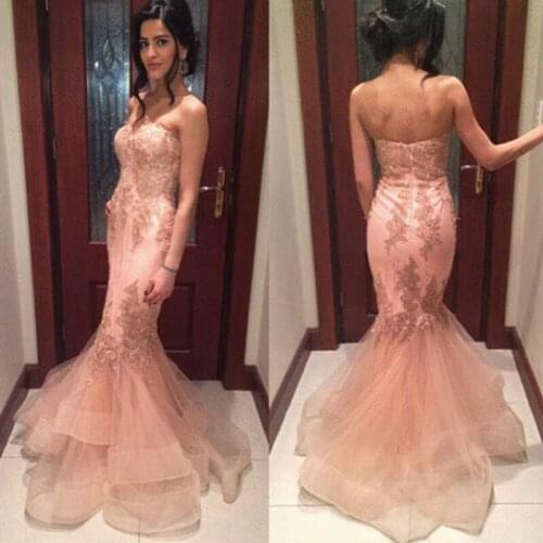 Top Quality Coral Strapless Mermaid Tulle Cheap Evening Dresses Long 2019 Appliques Lace Formal Gowns Vestidos De Gala Custom