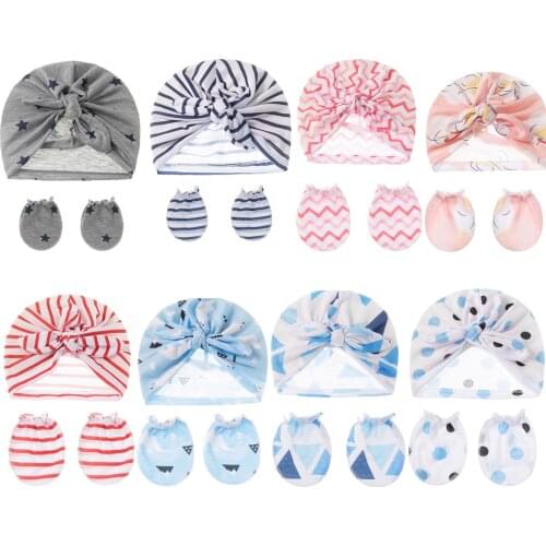 3pcs Baby Cotton Beanies Cute Bear Ear Bowknot Turban Hats Glove 2pc Soft 0-3T Elastic Caps for Newborn Baby Boy Girls Headwraps