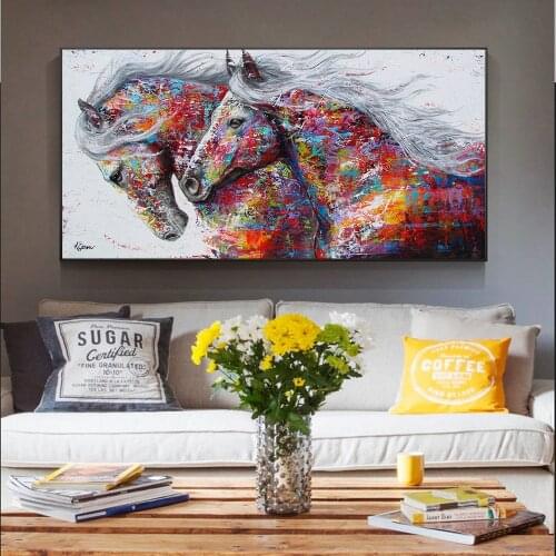 Abstract Two Running Horses Canvas Painting Posters and Prints Animal Wall Art Pictures for Living Room Decor No Frame