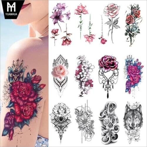 Flower Fake Tattoo Sticker Women Watercolor Temporary Lotus Girls Sexy Body Art Arm Tatoo Transfer Waist Tattoos T1800