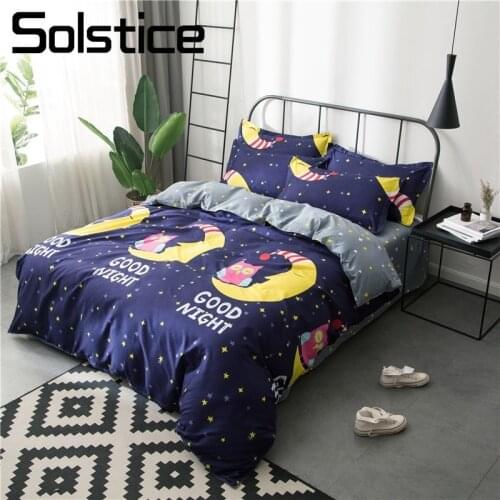 Solstice Home Textile Dark Blue Moon Luna Owl Star Duvet Cover Bed Sheet Pillowcase Boy Child Teenage Girl Bedding Set Twin Full