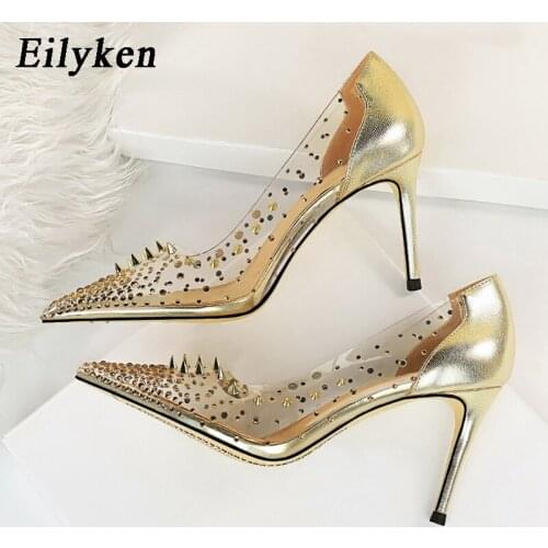 Eilyken Fashion Golden Rivet Women Wedding Pumps Party Shoes PVC Transparent Pointed Toe Shallow Thin High Heel Ladies Sandals