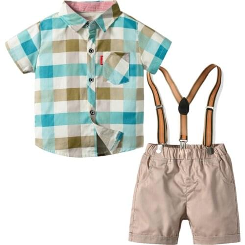 1-5 Years Boys Clothes Baby Kids Plaid Set Summer Short Sleeve Shirt + Suspenders + Shorts 3 Pieces/Set Toddler BoyClothes