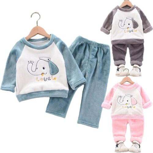 Toddler Baby Boys Clothing Set Winter Keep Warm Cartoon Elephant Full Sleeve Shirt + Pants 2Pcs Suit For Kids Children Clothes